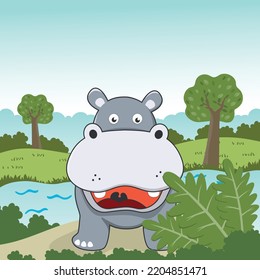 Vector cartoon illustration of cute little hippo play in jungle, T-Shirt Design for children. Creative vector childish background for wallpaper, poster and other decoration.