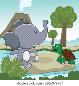 Vector cartoon illustration of cute little elephant and turtle play in jungle, T-Shirt Design for children. Creative vector childish background for wallpaper, poster and other decoration.