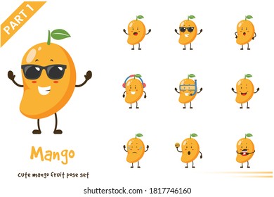 Vector cartoon illustration of cute mango fruit poses set. Isolated on white background.