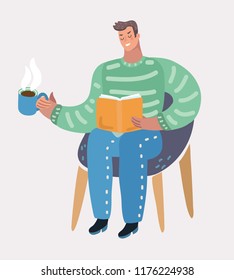 Vector cartoon illustration of Cute mature man sitting in chair and reading book with big coffe or tea mug. Modern human character on white background.