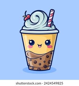 vector cartoon illustration Cute milkshake boba with cherry fruit