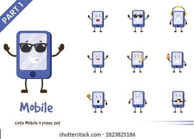 Vector cartoon illustration of cute mobile poses set. Isolated on white background.