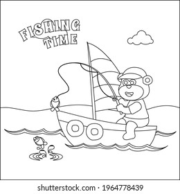 Vector cartoon illustration of cute monkey fishing on sailboat with cartoon style. Childish design for kids activity colouring book or page.