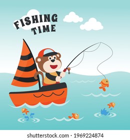 Vector cartoon illustration of cute monkey fishing on sailboat with cartoon style. Can be used for t-shirt print, kids wear fashion design, fabric textile, nursery wallpaper and poster.