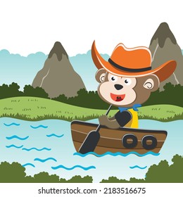 Vector cartoon illustration of cute monkey sailing on sailboat with cartoon style. Can be used for t-shirt print, kids wear fashion design, fabric textile, nursery wallpaper and poster.