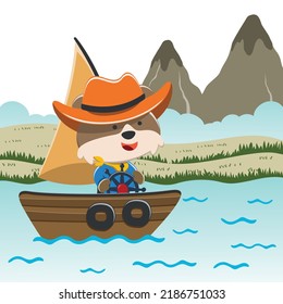 Vector cartoon illustration of cute monkey sailing on sailboat with cartoon style. Can be used for t-shirt print, kids wear fashion design, fabric textile, nursery wallpaper and poster.