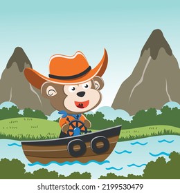 Vector cartoon illustration of cute monkey sailing on sailboat with cartoon style. Can be used for t-shirt print, kids wear fashion design, fabric textile, nursery wallpaper and poster.