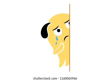 Vector cartoon illustration. Cute monster is crying and seeing hidden. Isolated on white background.