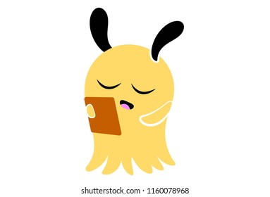 Vector cartoon illustration of cute monster is using phone. Isolated on white background.