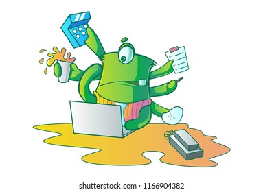 Vector Cartoon Illustration of Cute  Monster Is Doing Multitasking. Isolated On White Background.