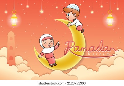 Vector cartoon illustration of cute Muslim kids on crescent moon at Ramadan month