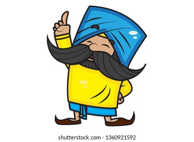 Vector cartoon illustration of cute mustache man showing one finger. Isolated on white background.