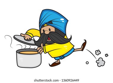  Vector cartoon illustration of cute mustache man cooking. Isolated on white background.