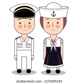 Vector cartoon illustration of cute nautical sailor boy and girls isolated against white background. vector flat