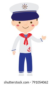 Vector cartoon illustration of cute nautical sailor boy isolated against white background