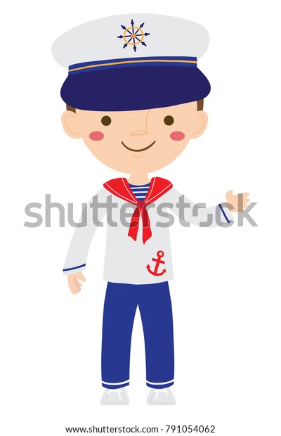 Vector cartoon illustration of cute\
nautical sailor boy isolated against white\
background