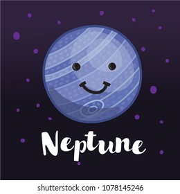 Vector cartoon illustration of Cute cartoon Neptune with. Solar system. Dark space stary background behind. Poster for children room, education.