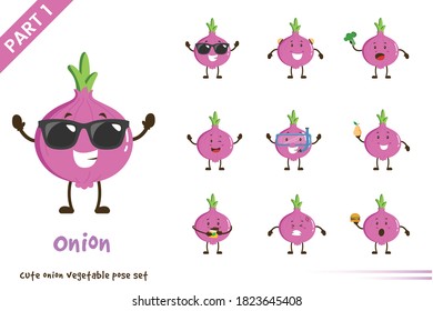 Vector cartoon illustration of cute onion vegetable poses set. Isolated on white background.