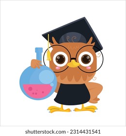 vector cartoon illustration of a cute owl doing laboratory research