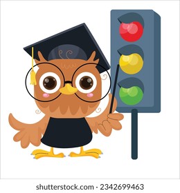 Vector cartoon illustration of a cute owl showing a traffic light