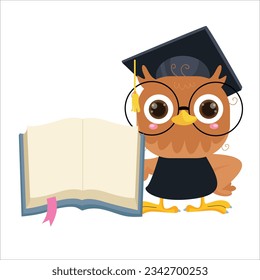 Vector cartoon illustration of a cute owl holding a book