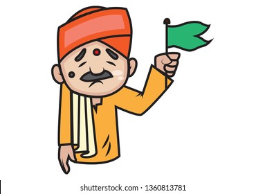 Vector cartoon illustration of cute pandit holding flag in hand. Isolated on white background.