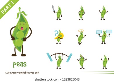 Vector cartoon illustration of cute peas vegetable poses set. Isolated on white background.