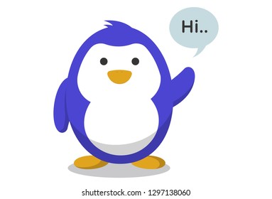 Vector cartoon illustration. Cute penguin saying hi. Isolated on white background.