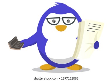 Vector cartoon illustration. Cute penguin is wearing glasses, reading paper and holding calculator in hand. Isolated on white background.