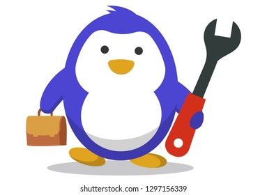 Vector cartoon illustration of cute penguin with tool bag and spanner. Isolated on white background.