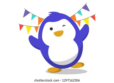Vector cartoon illustration of cute penguin with decorations. Isolated on white background.