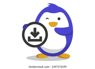 Vector cartoon illustration. Cute penguin is holding download icon. Isolated on white background.