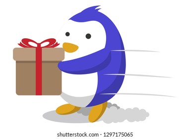 Vector cartoon illustration of cute penguin with gift box. Isolated on white background.