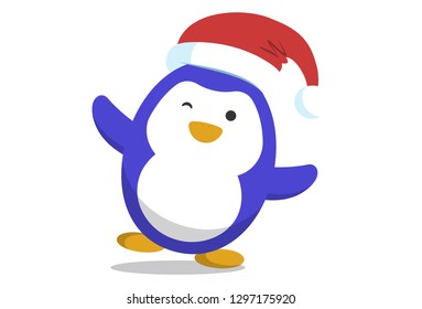 Vector cartoon illustration of cute penguin wearing Christmas cap . Isolated on white background.