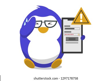 Vector cartoon illustration. Cute penguin is wearing glasses and showing error message in phone. Isolated on white background.