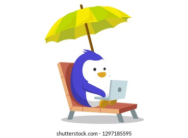 Vector cartoon illustration of cute penguin working on laptop. Isolated on white background.