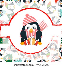 Vector cartoon illustration. Cute penguin, stripped scarf, on colored background. Flat style birds, hearts background. Art for greeting card, background, package, box, present design