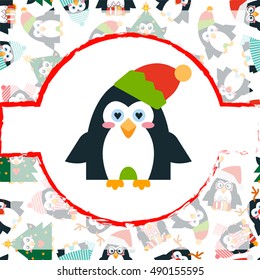 Vector cartoon illustration. Cute penguin, Elf outfit, on colored background. Flat style birds, hearts background. Art for greeting card, background, package, box, present design