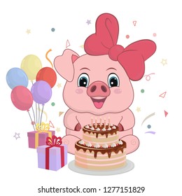 Vector cartoon illustration of a cute piggy with cake gifts and balloons on a rope. Sticker smiley face greeting card for his birthday isolated on white - vector.