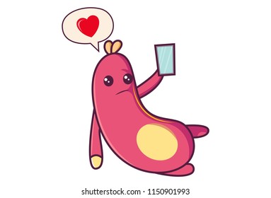 Vector cartoon illustration of cute pink insect taking selfie with phone. Isolated on white background. 