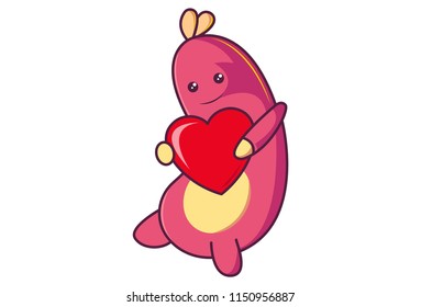 Vector cartoon illustration of cute pink insect with red heart .Isolated on white background.