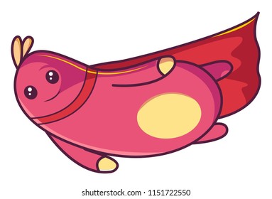 Vector cartoon illustration. Cute pink insect is flying and wearing red  cape. Isolated on white background.