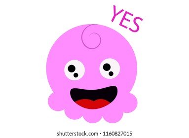Vector cartoon illustration of cute pink face say yes. Isolated on white background. 
