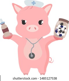 Vector cartoon illustration of cute pink pig in medical uniform with medical stethoscope. Animal doctor character with bottle of pills and dropper in paws. Bright colorful image of funny kind pig