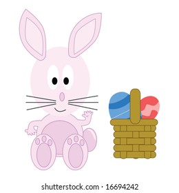 Vector cartoon illustration of a cute pink easter bunny sitting sitting besides its basket filled with eggs. For jpeg version, please see my portfolio.