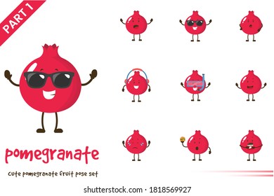 Vector cartoon illustration of cute pomegranate fruit poses set. Isolated on white background.