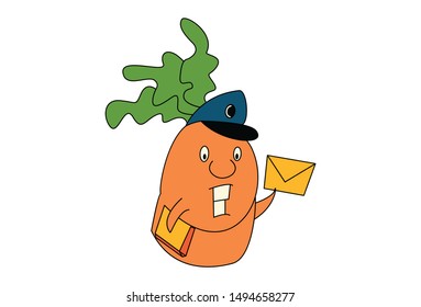 Vector cartoon illustration of cute postman carrot. Isolated on white background.