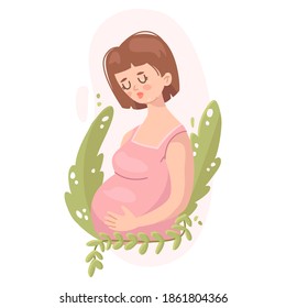 Vector cartoon illustration. cute pregnant woman with plants. pregnancy and motherhood. in pastel colors