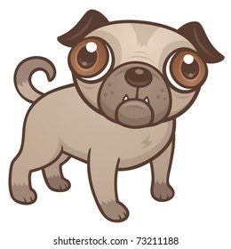 Vector cartoon illustration of a cute Pug puppy dog with really big brown eyes.