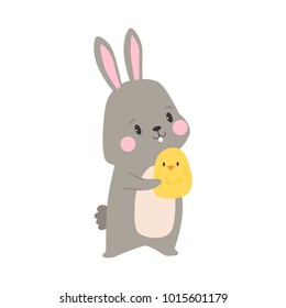 Vector cartoon illustration of cute rabbit and bunny with chicken present for card, posters.